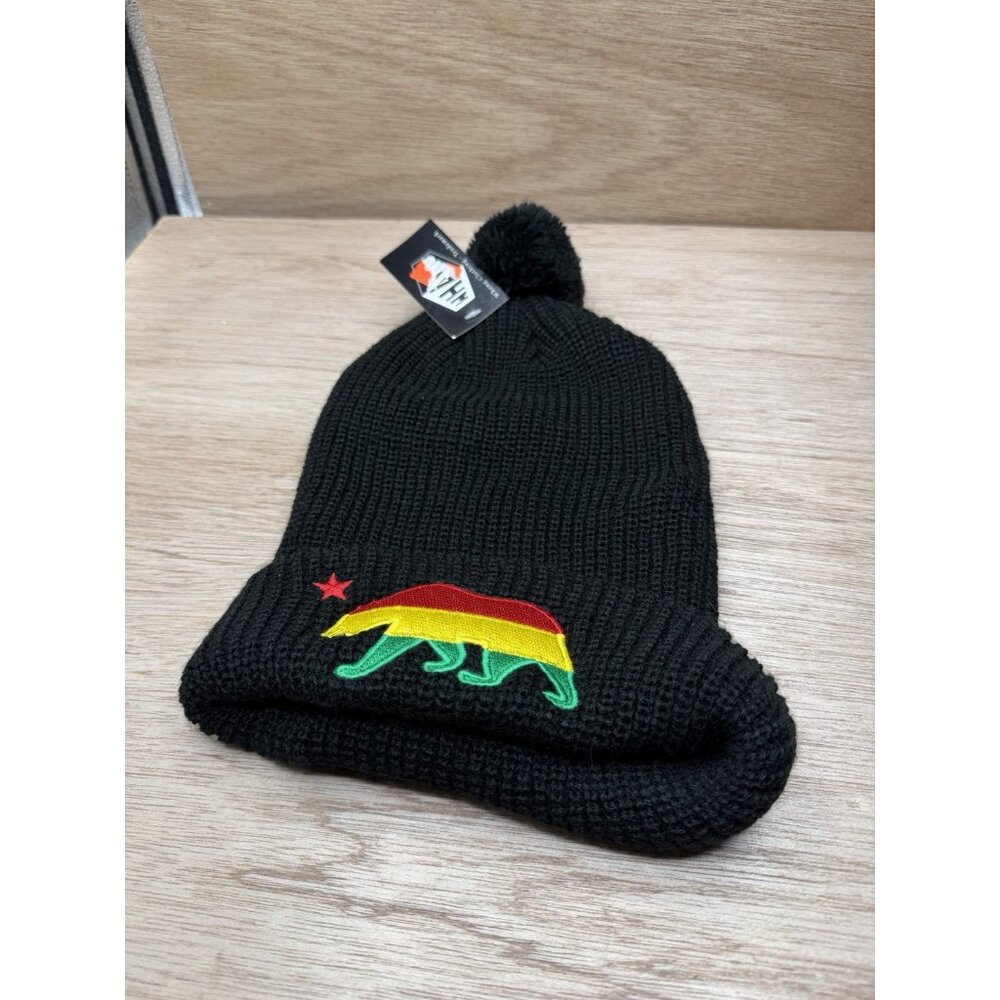 Black Rasta California Bear Black Whang Beanie New With Tag